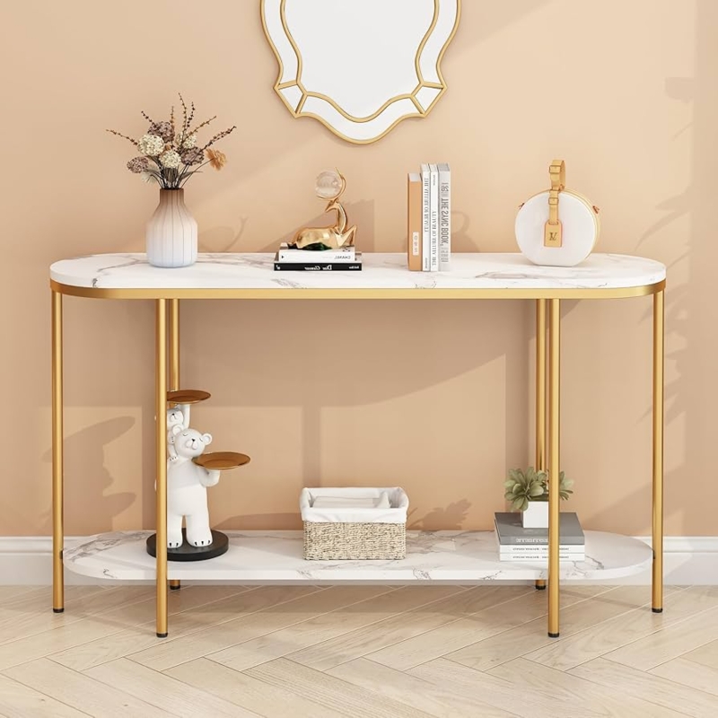 Console Table with Rounded Marble Top, Gold Metal Legs, Glam Style