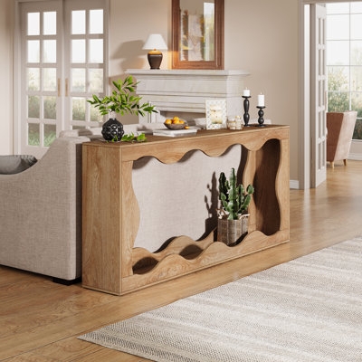Console Table with Scalloped Design, Light Wood Finish, Organic Modern
