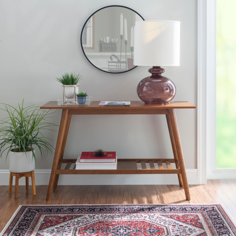 Console Table with Slatted Shelf Wood Toned Tapered Legs
