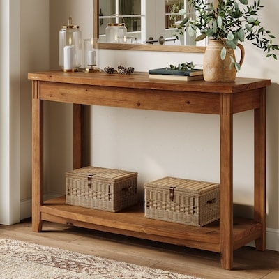 Console Table with Slim Profile, Honey Wood Tone, Woven Texture Baskets
