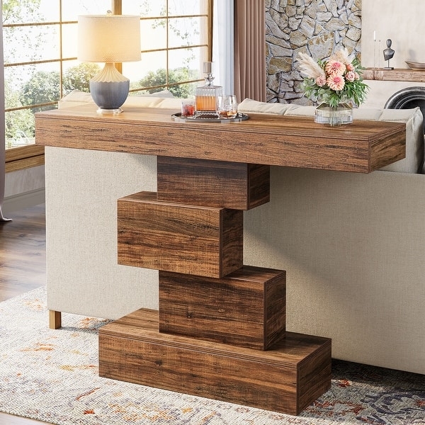 Console Table with Staggered Pedestal Base, Rustic Brown Wood Toned