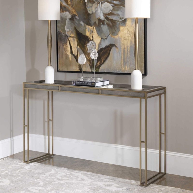 Console Table with Textured Gray Top, Slim Profile, Open Geometric Base.