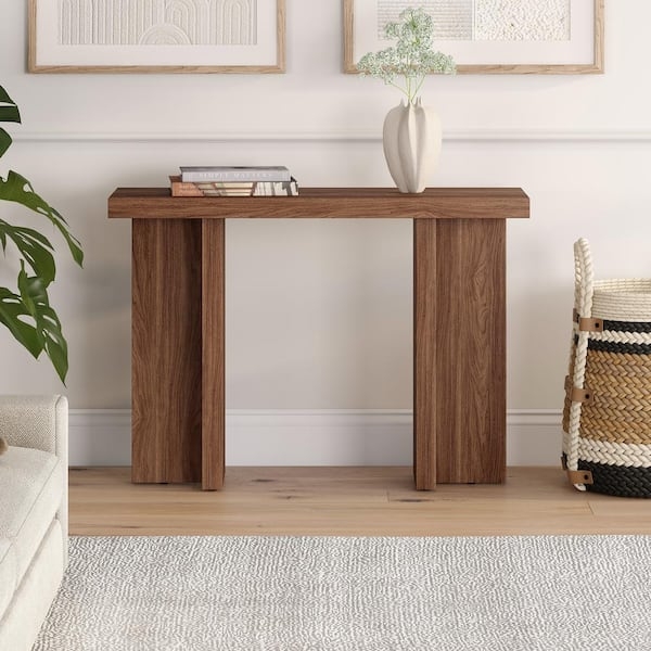 Console Table with Thick Block Legs, Walnut Finish, Minimalist Design