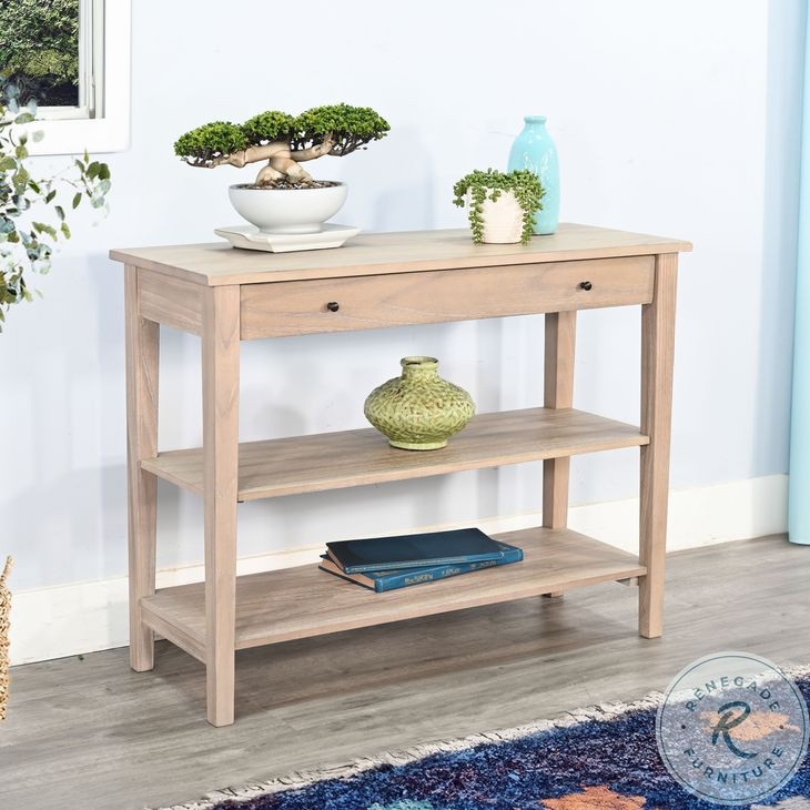 Console Table with Three-Tier Design, Natural Wood Finish, Single Drawer