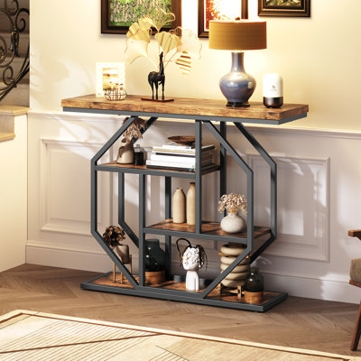 Console Table with Tiered Shelving, Geometric Frame, Industrial Silhouette