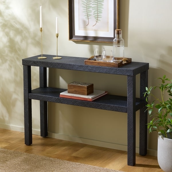 Console Table with Woven Raffia Finish, Charcoal Hue, Two-Tier Form