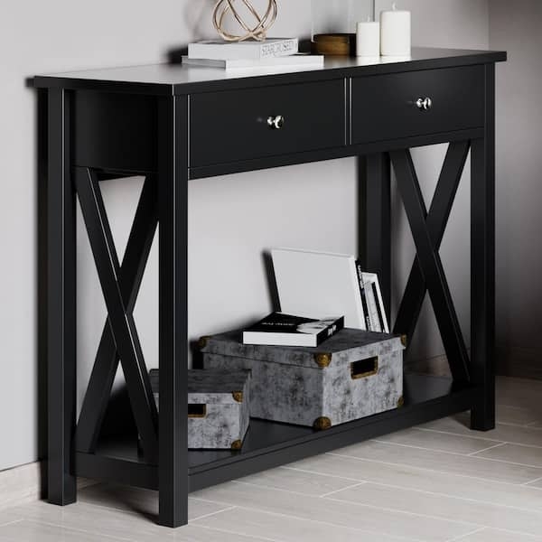Console Table with X-Frame Sides, Double Drawers, Black Finish, Narrow
