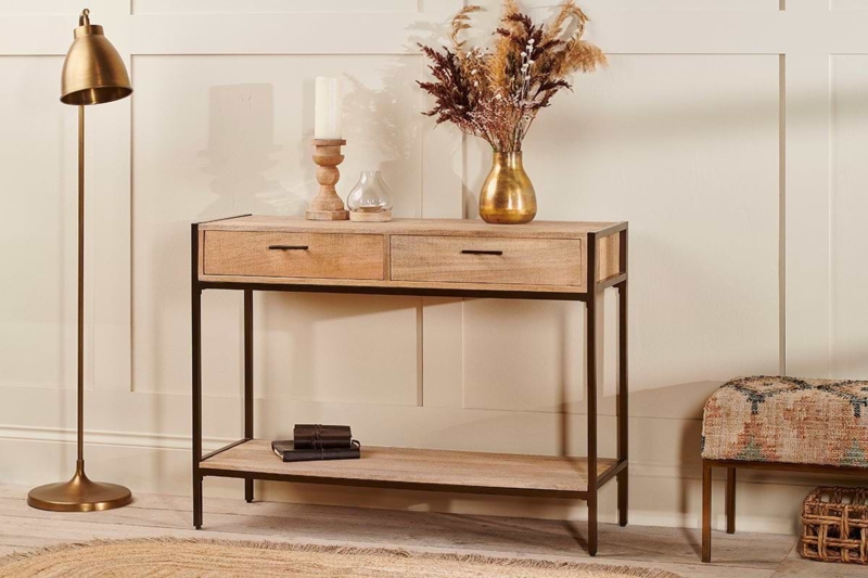 Console Table Wood and Metal Two Drawers Shelf Earthy Industrial