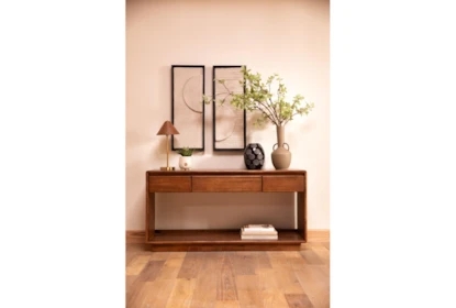 Console Table Wood Hardware-less Drawers Bottom Shelf Earthy