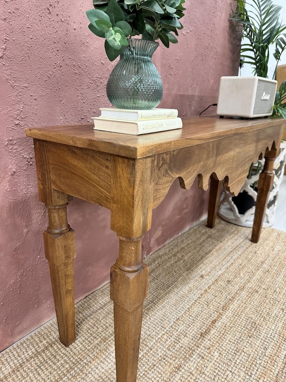 Console Table Wood Toned Scalloped Apron Turned Legs Bohemian