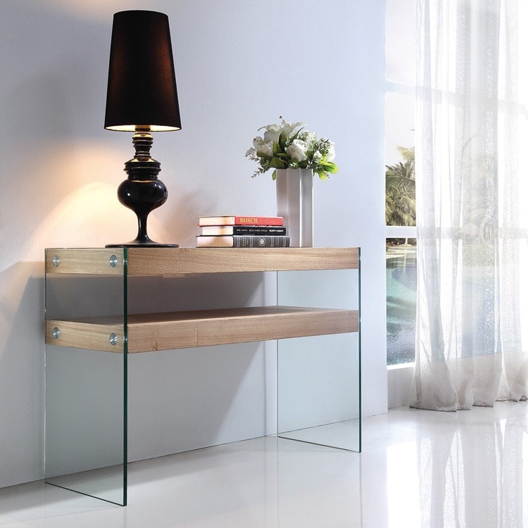 Console Table, Wood Toned Shelves with Glass Sides, Minimalist Design.