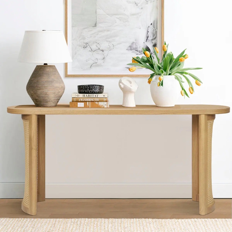 Console Table Woven Cane Legs Curved Pill Shaped Top Light Wood