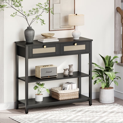 Console Table Woven Drawer Fronts Three-Tier Coastal Cane