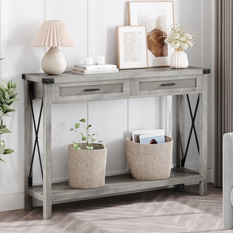 Console Table Woven Drawer Fronts X-Frame Grey Wash