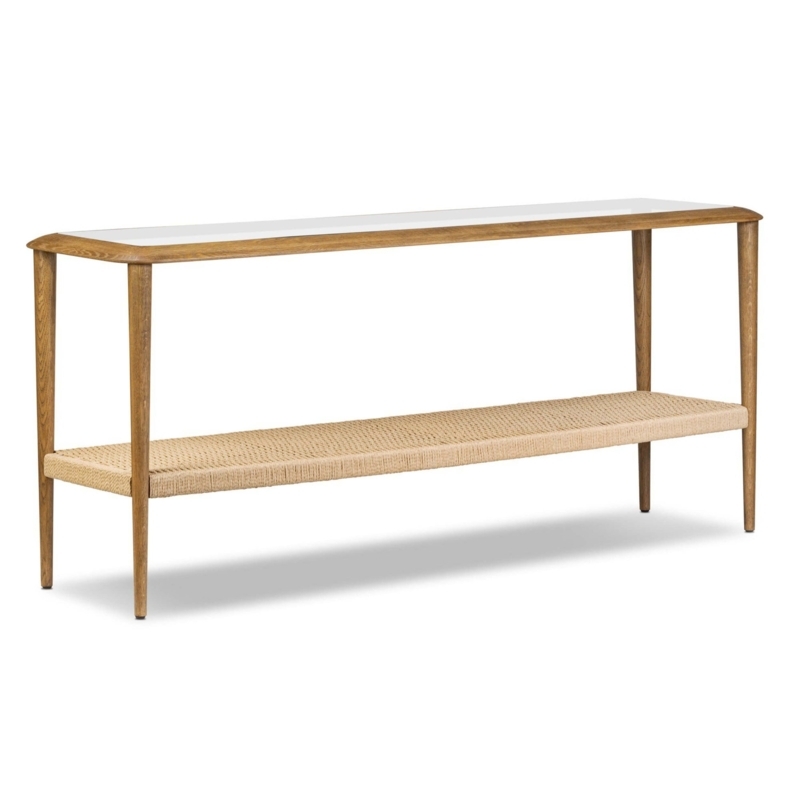 Console Table Woven Lower Shelf White Top Tapered Legs Organic Modern