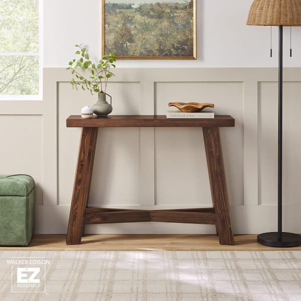 Console Table X Base Trestle Legs Thick Tabletop Rustic Farmhouse Brown