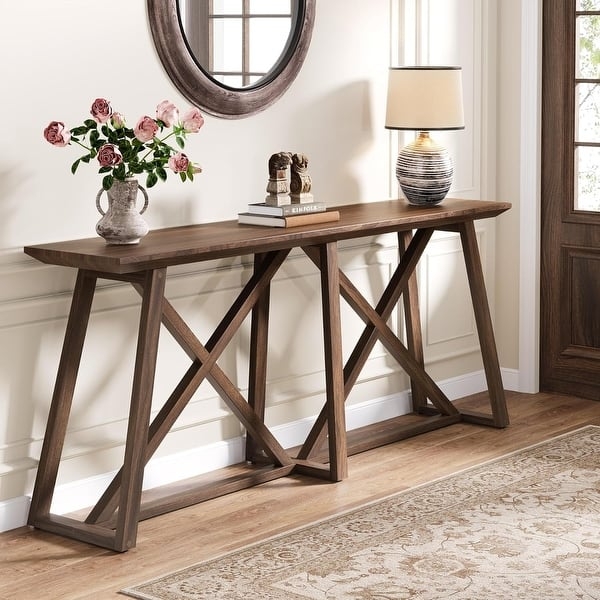 Console Table X-Brace Legs Extra Long Silhouette Farmhouse Brown