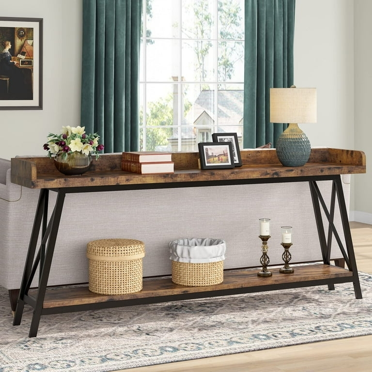 Console Table X-Brace Sides Extra Long Raised Edges Behind Sofa