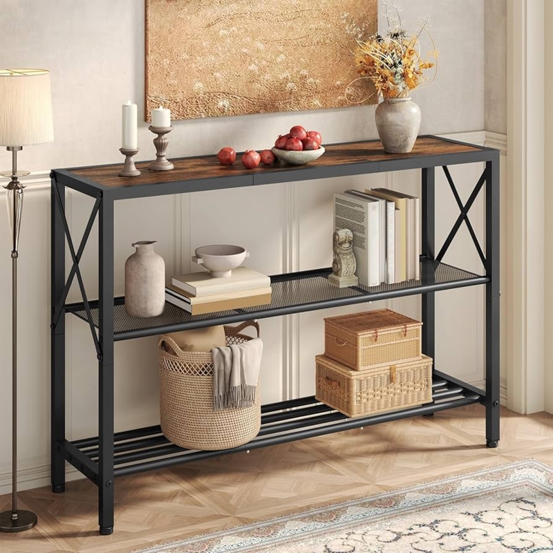 Console Table X-Frame Sides Three Tier Mesh and Wood Shelves Narrow