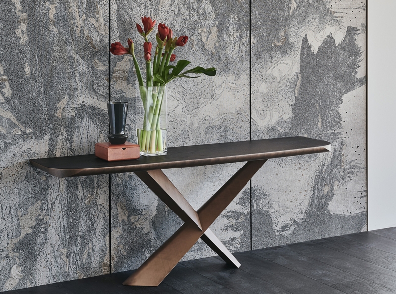 Console Table X-Shaped Base Tapered Wood Top Bronze Metal