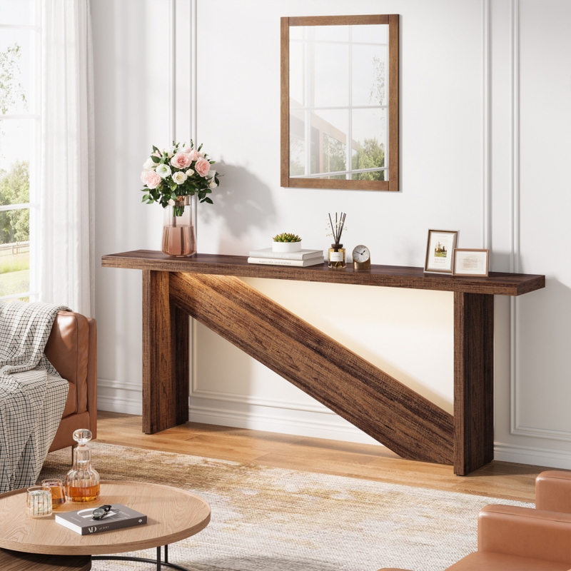 Console Table Z Shaped Base Integrated Led Geometric Silhouette Dark Wood