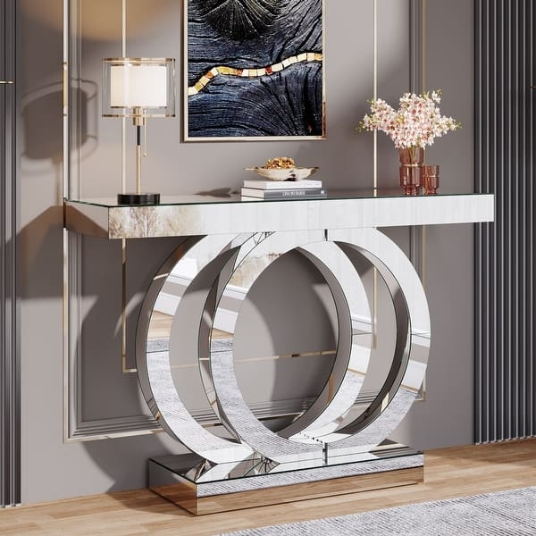 Contemporary Mirrored Console Table Interlocking Circles Base