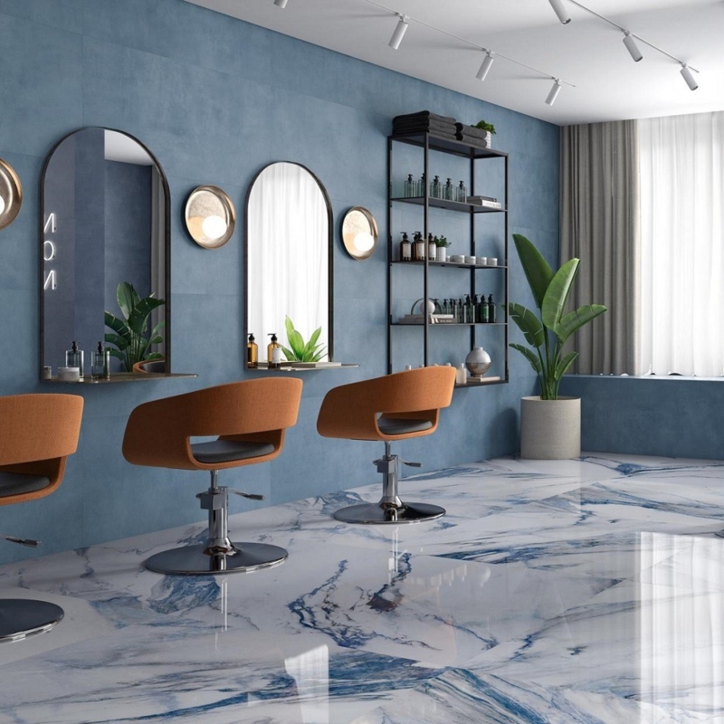 Contemporary Salon Marbled Floor Tile Orange Chairs Glamorous