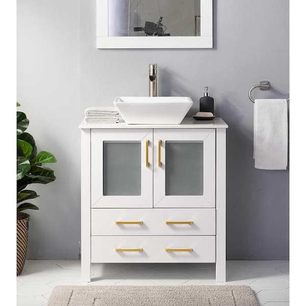 Contemporary Vanity with Frosted Glass Doors and Gold Hardware