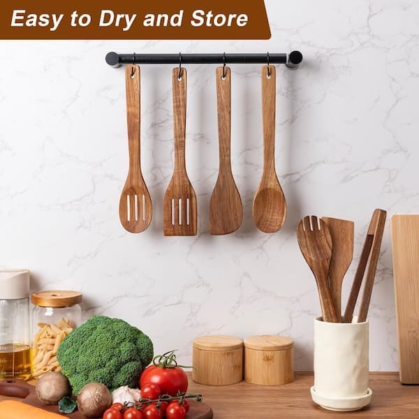 Cooking Utensil Set Matching Wood Collection Hanging Holes