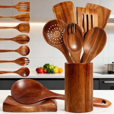 Cooking Utensil Set Nine Piece Wood Toned Holder Spoon Rest