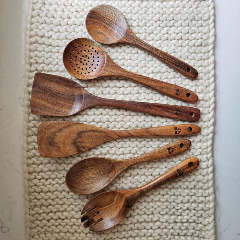 Cooking Utensil Set Wood Toned Stamped Logo Rustic Farmhouse