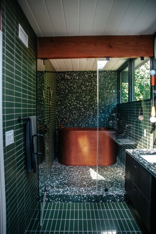 Copper Soaking Tub Design Ideas Dark Green Vertical Tile