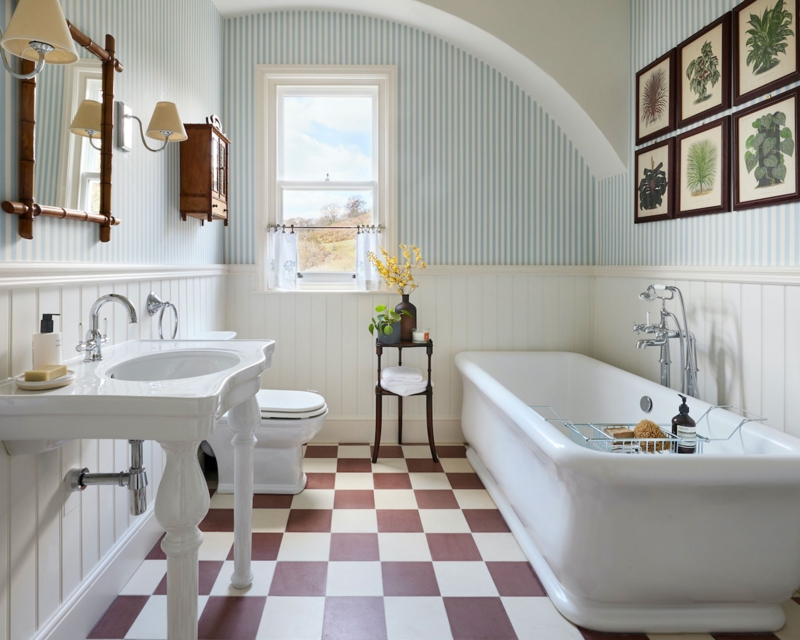 Cottage Bathroom Maroon Checkered Floor Blue Striped Wallpaper