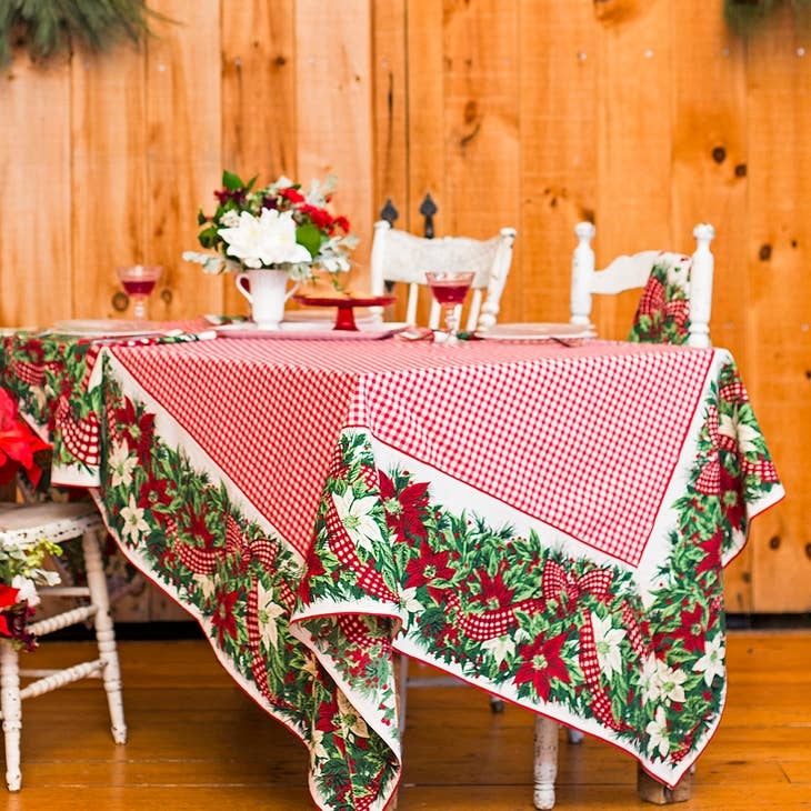 Cottage Gingham Tablecloth with Poinsettia Border