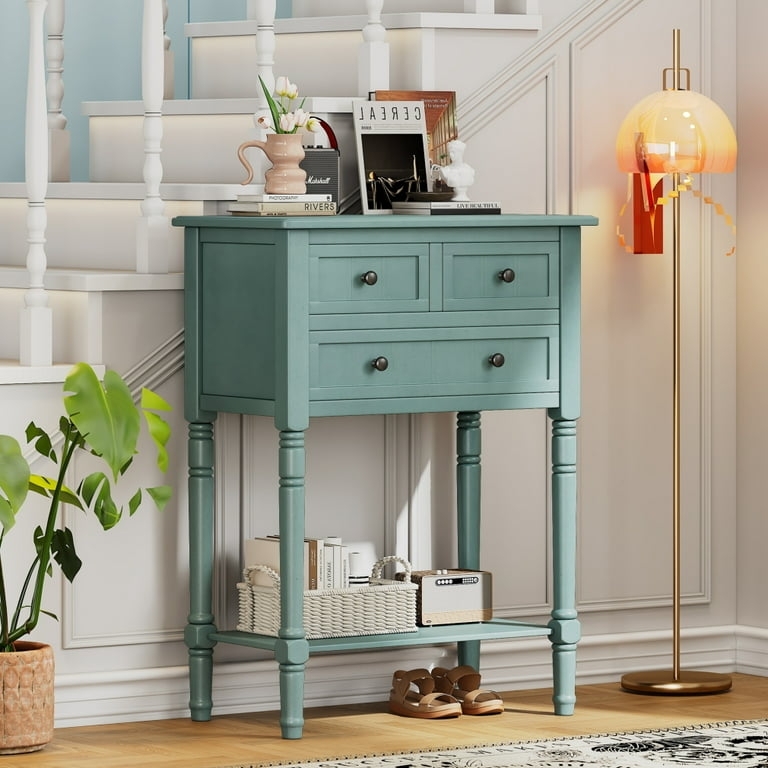 Cottage Style Teal Console Table with Three Drawers and Turned Legs