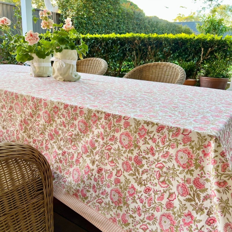 Cottagecore Floral Tablecloth with Rose and Sage Block Print Style
