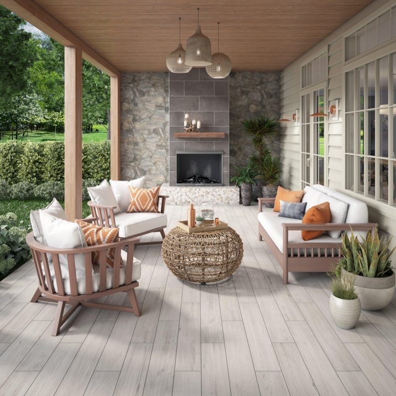 Covered Patio: Stone-Clad Fireplace, Wood-Look Porcelain Tile, Modern