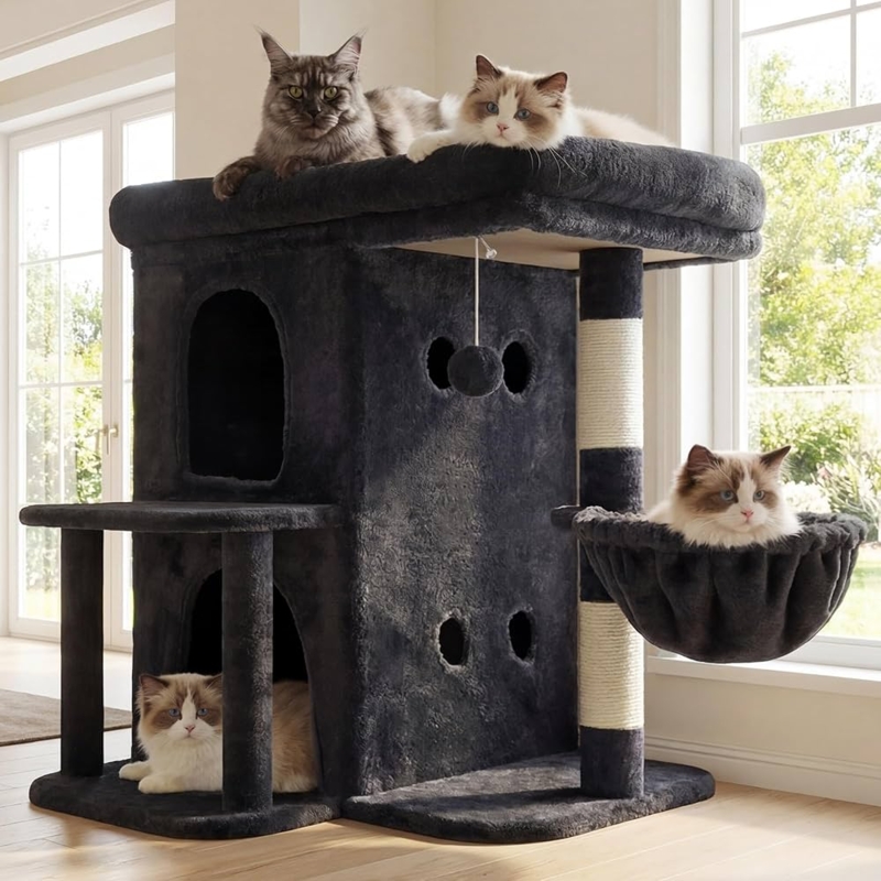 Cozy Smoky Gray Cat Tree with Side Basket Perch