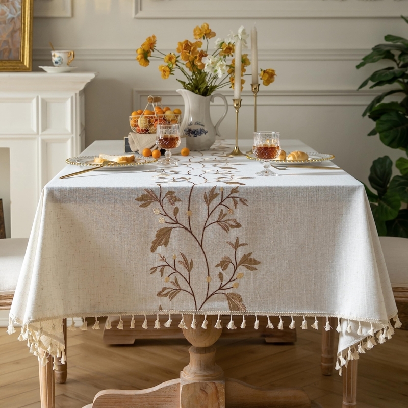 Cream Tablecloth Embroidered Botanical Branch Tassel Fringe Farmhouse Decor