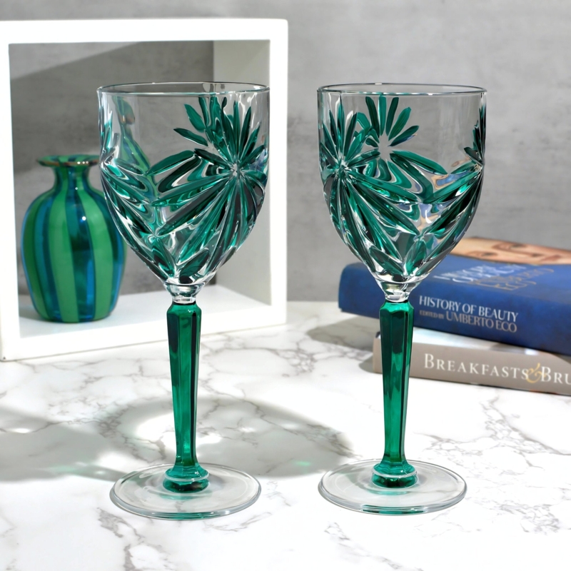 Crystal Wine Glasses featuring Etched Starburst Motif and Faceted Stems