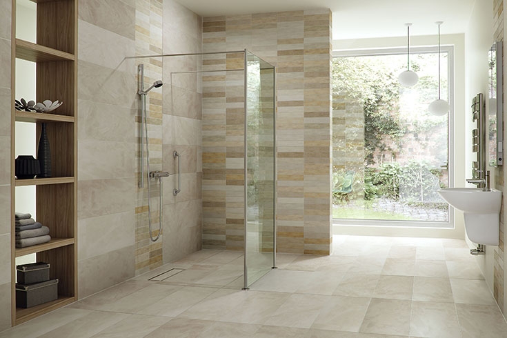 Curbless Walk-In Shower Design with Continuous Floor Tiling
