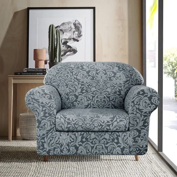 Damask Patterned Chair Slipcover Blue Grey Jacquard Two Piece