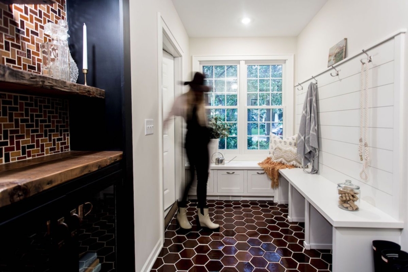Dark Brown Hexagon Floor Design Mudroom With Shiplap Walls