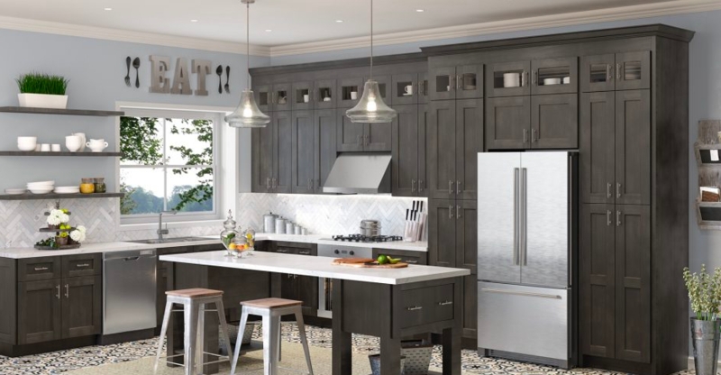 Dark Gray Shaker Cabinets with Herringbone Backsplash & Geometric Floor