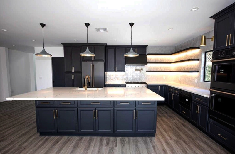 Dark Shaker Kitchen Cabinets Lighted Floating Shelves Large White Island