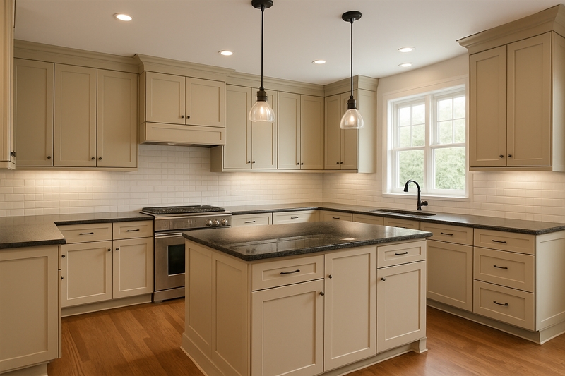 Dark Stone Countertops with Beige Shaker Kitchen Cabinets (66 characters)