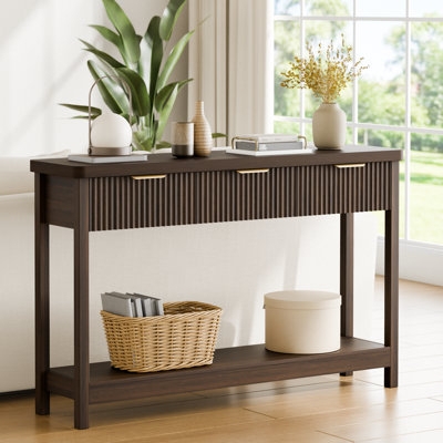 Dark Wood Console Table with Ribbed Surface and Gold Pulls