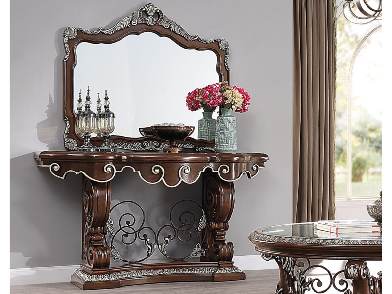 Dark Wood Console Table with Silver Scrollwork & Scalloped Edge