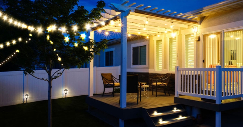 Deck Lighting with Integrated Step Lights and Pergola Canopy
