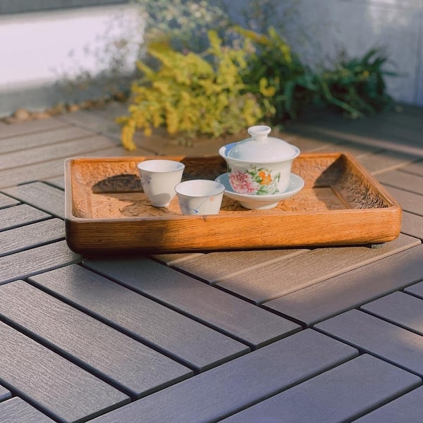 Deck Tile: Slatted Texture, Interlocking Mechanism, Dark Brown, Zen